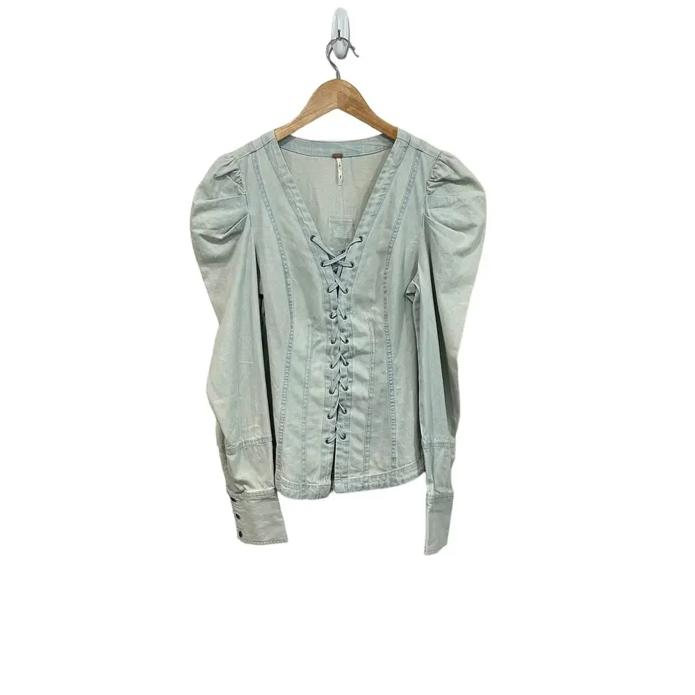NEW Free People Lace Up Light Wash Cotton Denim Corset Top Size Small